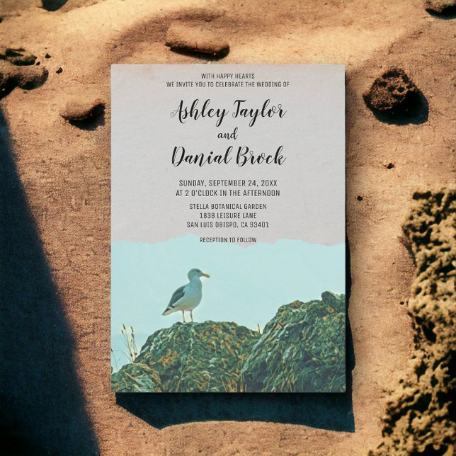 Vintage coastal navy seagull destination wedding invitation (Creator Uploaded)