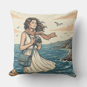 Vintage Coastal Travel Photography Poster Illustra Cushion