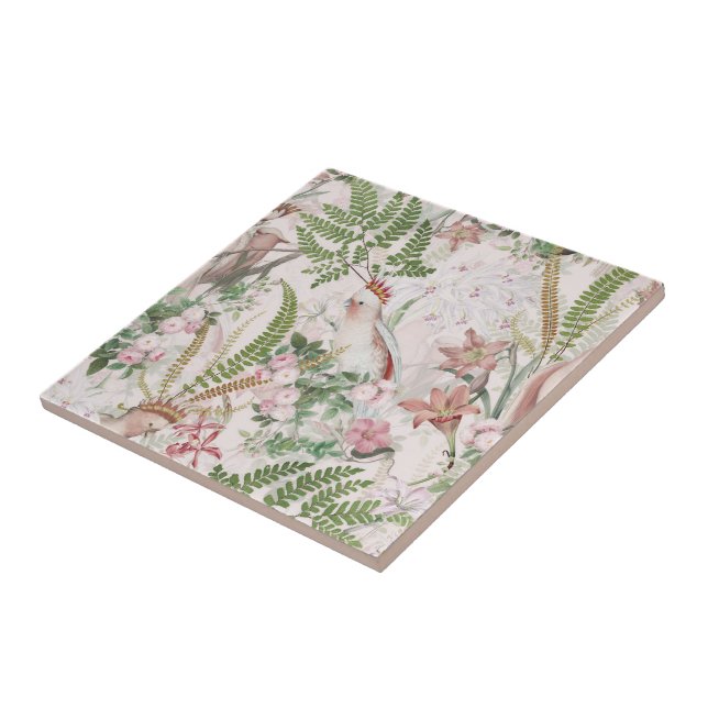 Vintage Cockatoo Jungle Pattern Blush Ceramic Tile (Side)