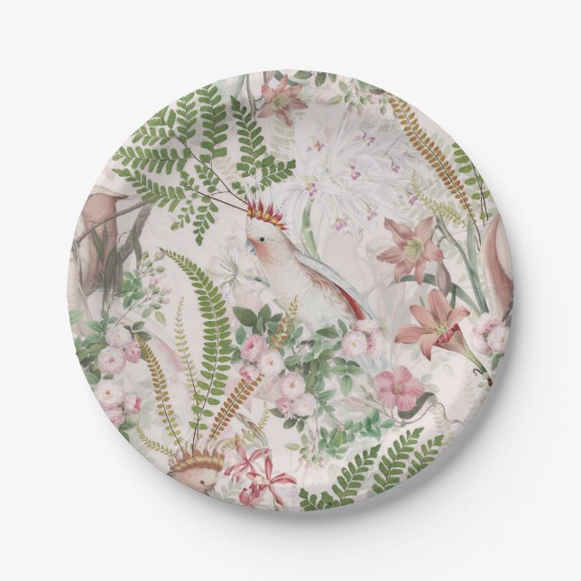 Vintage Cockatoo Jungle Pattern Blush Paper Plate (Front)