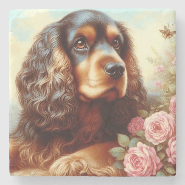 Vintage Cocker Spaniel  Painting Stone Coaster (Front)