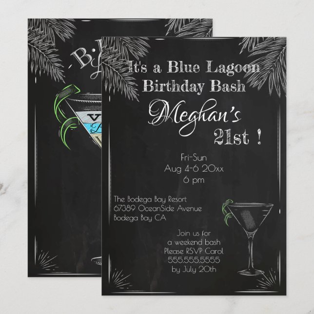 Vintage Cocktail Blue Lagoon Birthday Bash Invitation (Front/Back)