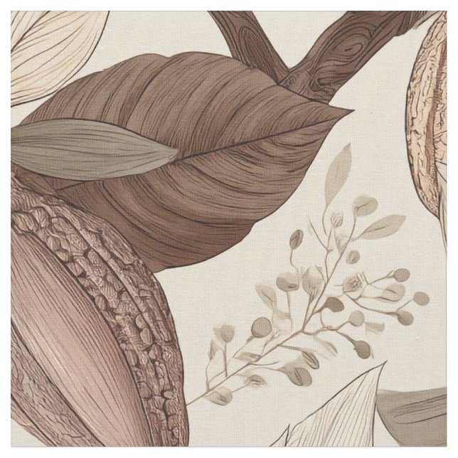 Vintage Cocoa Pods and Leaves Botanical Art Fabric (Close Up)