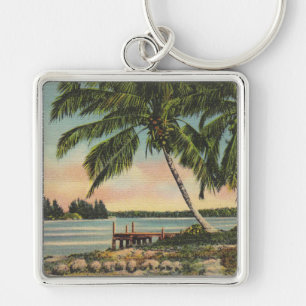 Vintage Coconut Palm Tree Tropical Breeze Sunset Key Ring