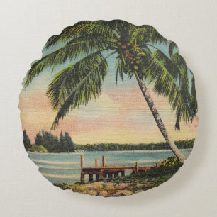 Vintage Coconut Palm Tree Tropical Breeze Sunset Round Cushion