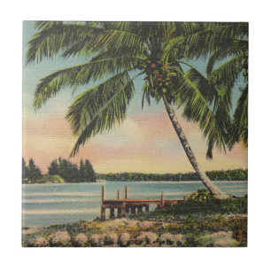 Vintage Coconut Palms Tropical Breeze Sunset Ceramic Tile