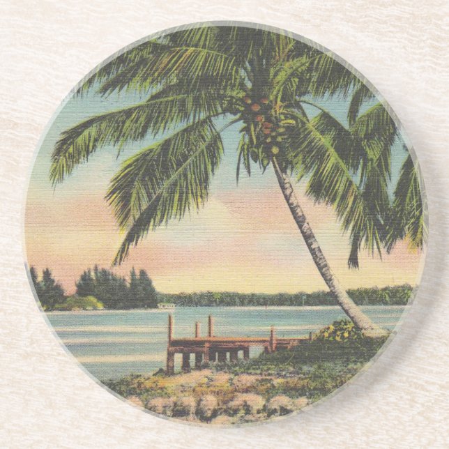 Vintage Coconut Palms Tropical Breeze Sunset Coaster (Front)
