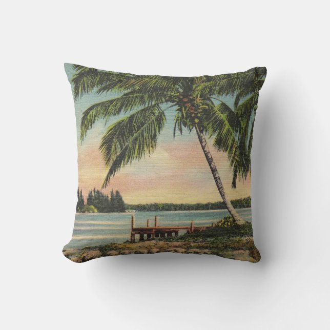 Vintage Coconut Palms Tropical Breeze Sunset Cushion (Front)