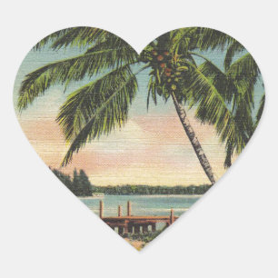 Vintage Coconut Palms Tropical Breeze Sunset Heart Sticker