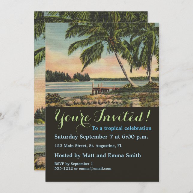 Vintage Coconut Palms Tropical Breeze Sunset Invitation (Front/Back)