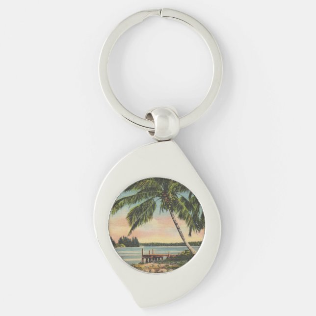 Vintage Coconut Palms Tropical Breeze Sunset Key Ring (Front)