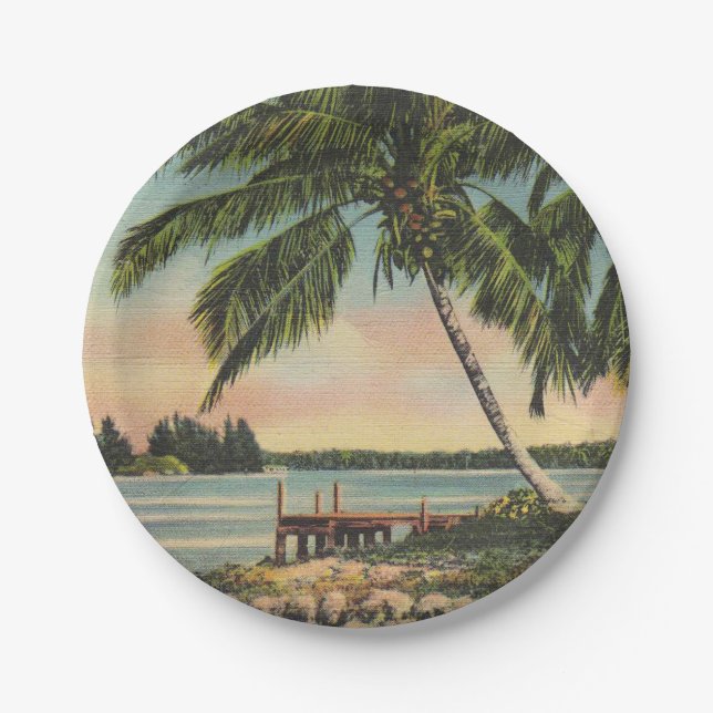 Vintage Coconut Palms Tropical Breeze Sunset Paper Plate (Front)