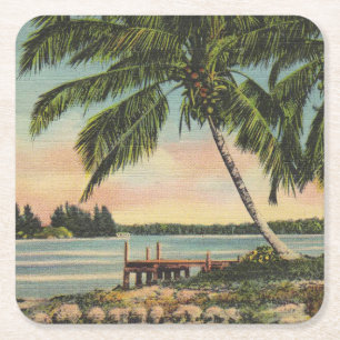 Vintage Coconut Palms Tropical Breeze Sunset Square Paper Coaster