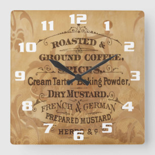 Vintage Coffee and Spices Rustic Unique Kitchen Square Wall Clock