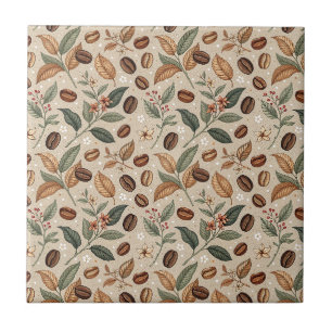 Vintage Coffee Bean Botanical Floral Cafe Pattern Ceramic Tile