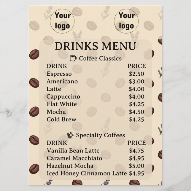 Vintage Coffee Beans and Lavender Seamless Pattern Menu (Front)