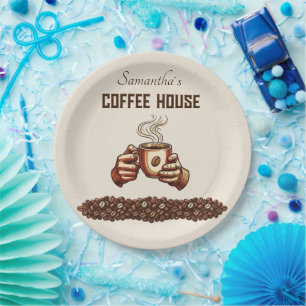 Vintage Coffee Cup Terracotta Cafe Branding Paper Plate
