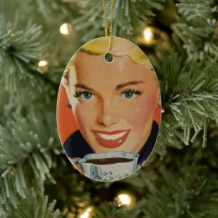 Vintage Coffee, Happy Woman with Retro Coffee Cup Ceramic Ornament