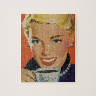 Vintage Coffee, Happy Woman with Retro Coffee Cup Jigsaw Puzzle