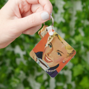 Vintage Coffee, Happy Woman with Retro Coffee Cup Key Ring