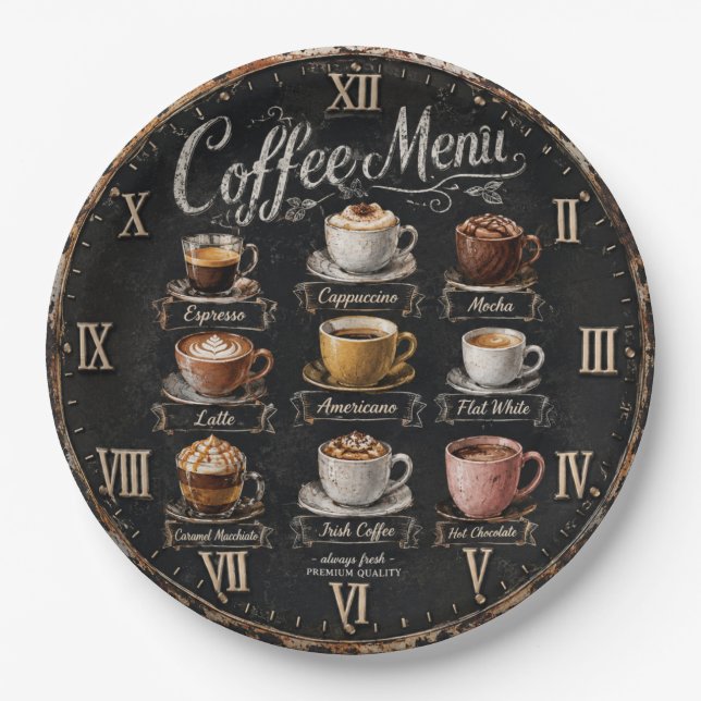 Vintage Coffee Menu Paper Plate (Front)
