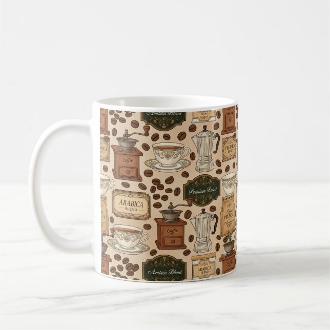 Vintage coffee pattern retro café style mug (Left)