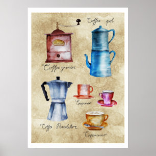 Vintage Coffee Pots Grinder Cups Watercolor Art Poster