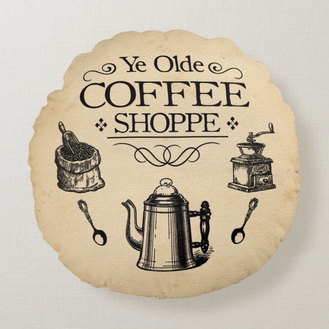 Vintage Coffee Shop Round Cushion (Front)