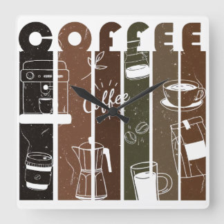 Vintage Coffee Typography Illustration Hand Drawn Square Wall Clock