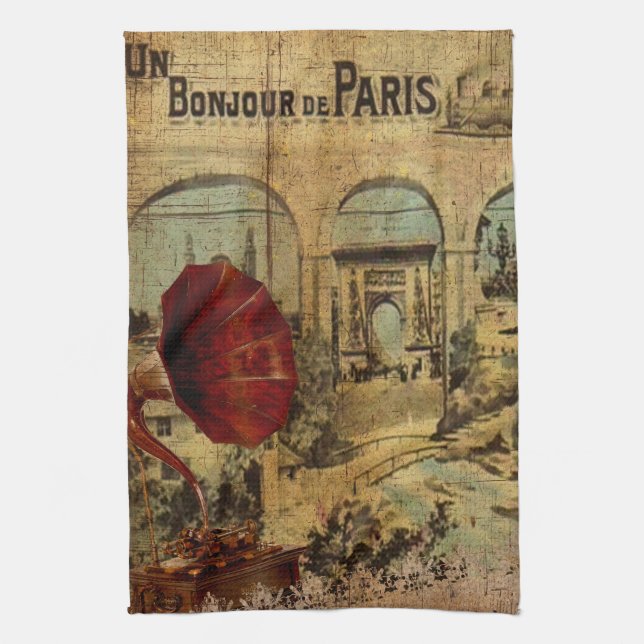 Vintage Collage, Bonjour de Paris Tea Towel (Vertical)