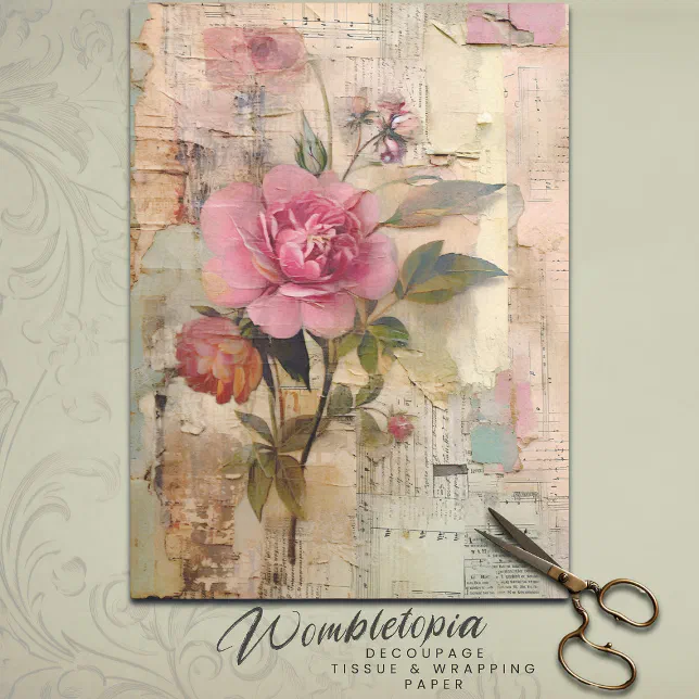 Vintage Collage Pink Rose Ephemera Decoupage Tissue Paper | Zazzle