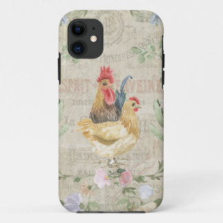 Vintage collage – roosters and flowers iPhone 11 case