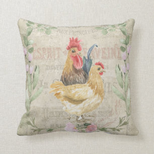 Vintage collage – roosters and flowers cushion