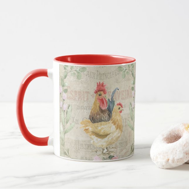 Vintage collage – roosters and flowers  mug (With Donut)