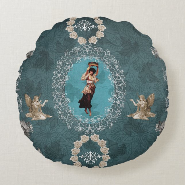 Vintage collage round cushion (Front)