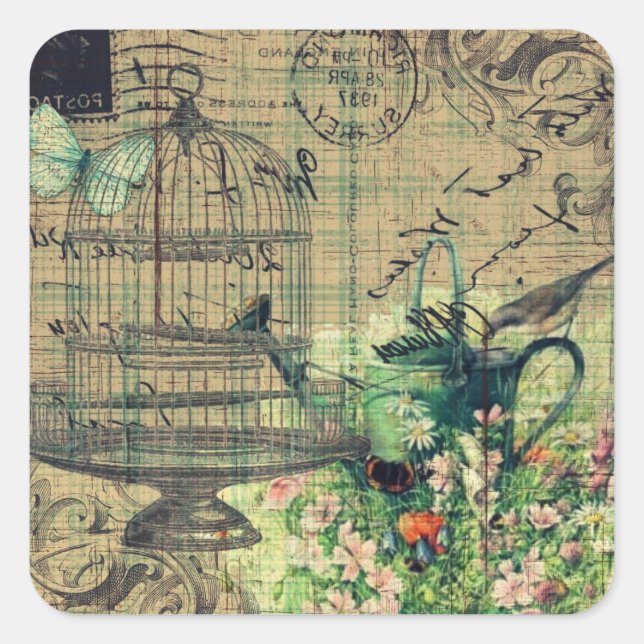 Vintage Collage w/Bird & Birdcage Garden Square Sticker (Front)