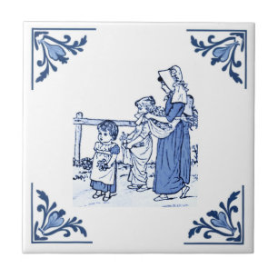Vintage Collecting Flowers Delft Blue & White Ceramic Tile