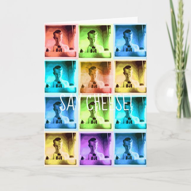 VINTAGE COLORFUL CAMERA GUY SAY CHEESE VINTAGE CARD (Front)