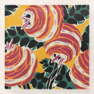 Vintage Colorful Flowers and Leaves Art Nouveau Glass Coaster