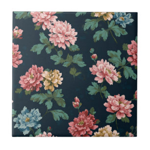 Vintage Colorful Peony Pattern on Black Background Ceramic Tile