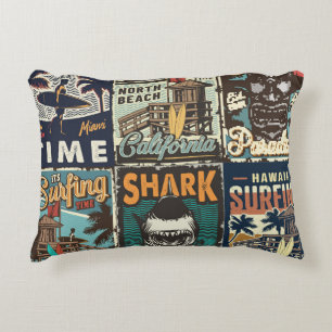 Vintage colorful surfing posters set with surf bus decorative cushion