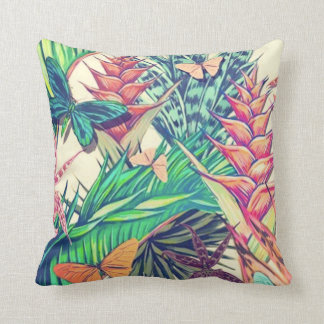 Vintage colorful tropical botanical floral and but cushion