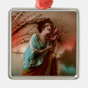 Vintage Colour Tinted Postcard Beauty 1910s/1920s Metal Ornament
