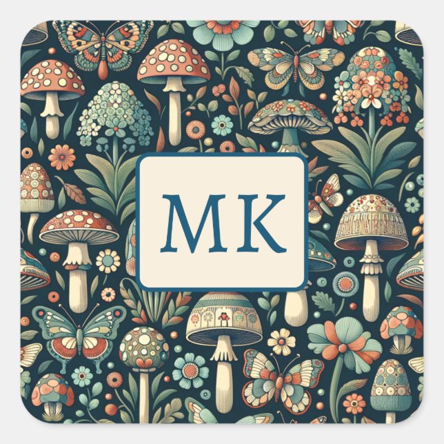 Vintage Coloured Butterflies, Mushrooms and Foliag Square Sticker (Front)