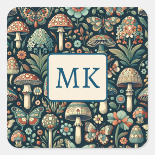Vintage Coloured Butterflies, Mushrooms and Foliag Square Sticker