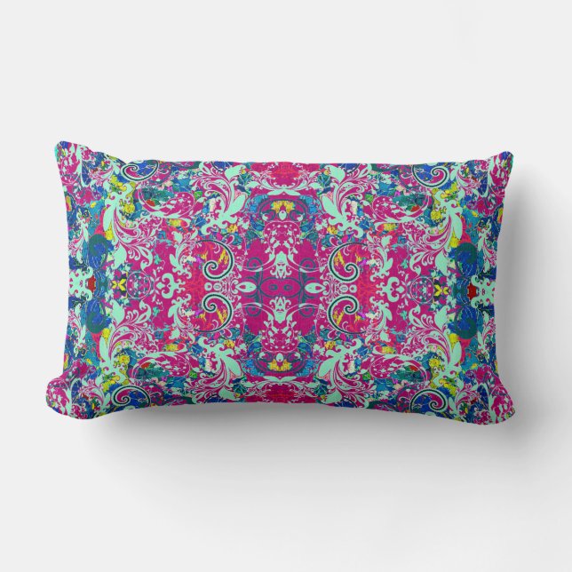 Vintage colourful abstract floral lumbar cushion (Front)