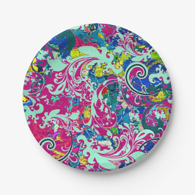 Vintage colourful abstract floral paper plate (Front)