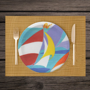 Vintage Colourful Abstract Sailboats in Water Paper Plate
