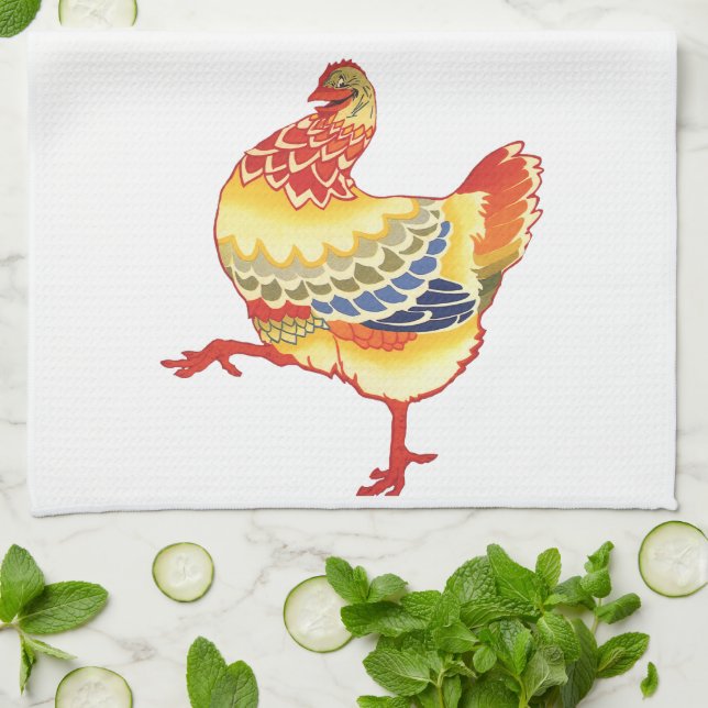 Vintage Colourful Barnyard Chicken from Farm Tea Towel (Folded)