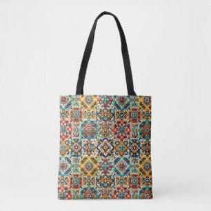 Vintage Colourful Blue and Red Tiles Pattern Tote Bag